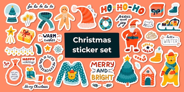 Big set of stickers about Christmas New Year winter for planners notebooks Ready for print list of cute stickers Clipart and lettering Fir tree Santa Claus bear winter clothes sweet gifts