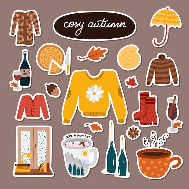 Big set of stickers with cozy illustration of red autumn for planners Ready for print list of cute stickers Colorful fall in modern style Hand drawn clipart of seasonal clothes food decor