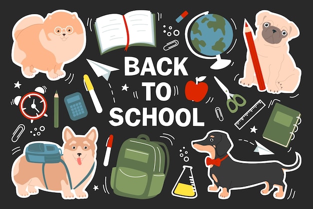 Big set of stickers with cute dogs at school Lettering Back to school Baby vector illustration