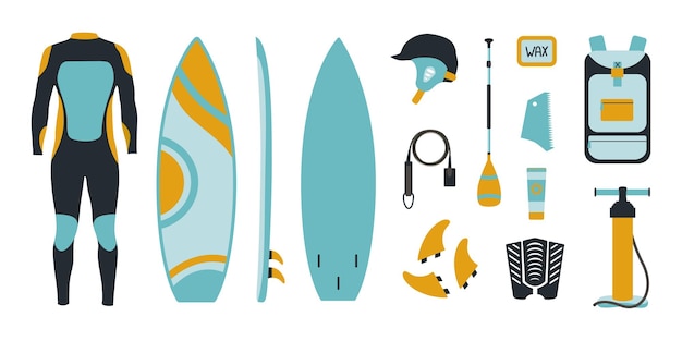 Big set of surfing equipment in flat style