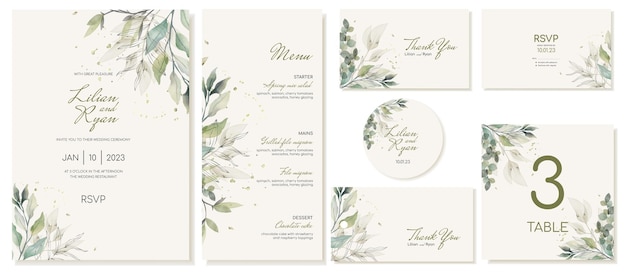 Big set of templates for rustic wedding ceremony with leave Invitation menu cards sticker tag Vector