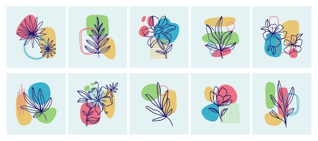 Vector big set of various leaves flowers abstract shapes ink painting style contemporary hand drawn vector illustration continuous lines minimalist elegant concept all elements are isolated