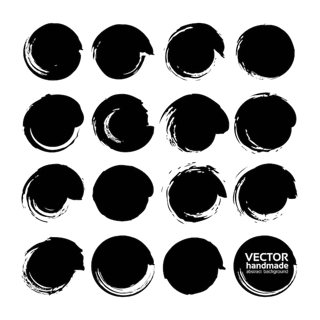 Big set of vector circle brush strokes texture filled black ink on a white background