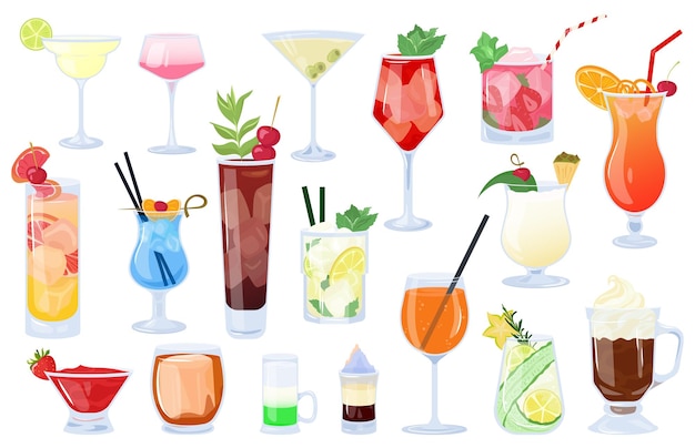 Vector big set vector illustration of summer beach cocktails with fruits ice for party alcoholic drinks mix