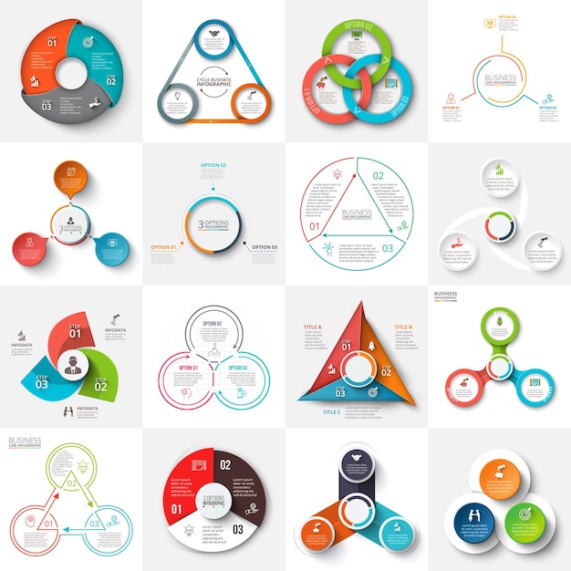 Vector big set of vector triangles circles and other elements for infographic with 3 options