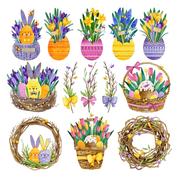 Big set of watercolor Easter compositions illustrations