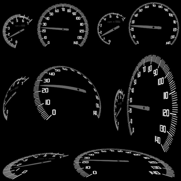 Big Set of White Speedometers on Black Background as Ten Illustrations