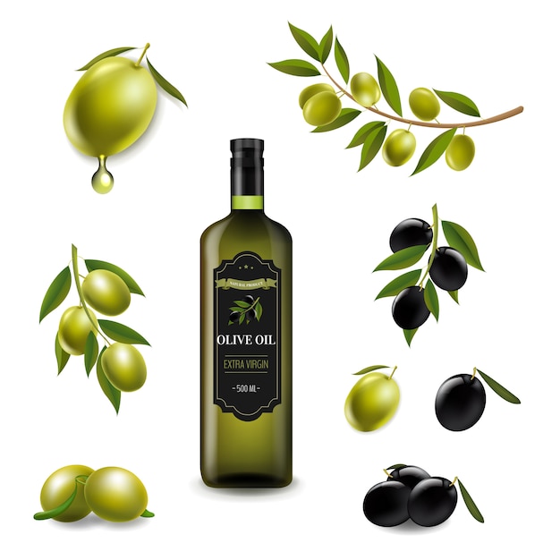 Big Set With Branch Olives And With Virgin Olive OilIn Glass Bottle White