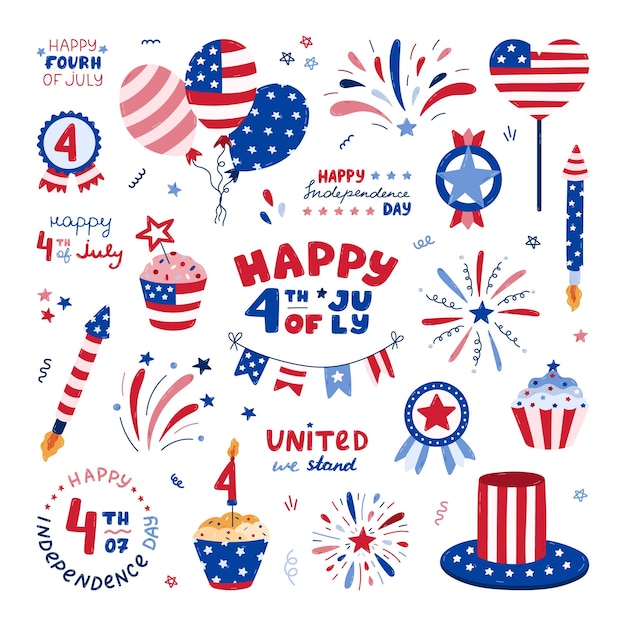 Vector big set with cartoon national symbols of american independence day cute fireworks uncle sam hat medal cupcake balloons flag lettering etc hand drawn patriotic signs for 4th july celebration