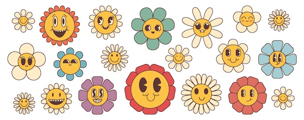 Big sticker set retro flower cartoon characters. Trendy retro trippy style.