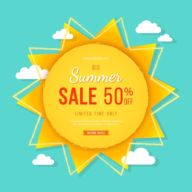 Big summer sale banner Sun with rays clouds and sign