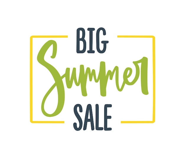 Big Summer Sale phrase in yellow frame for seasonal discount. Advertising inscription with handwritten cursive promo text. Flat vector composition isolated on white background.