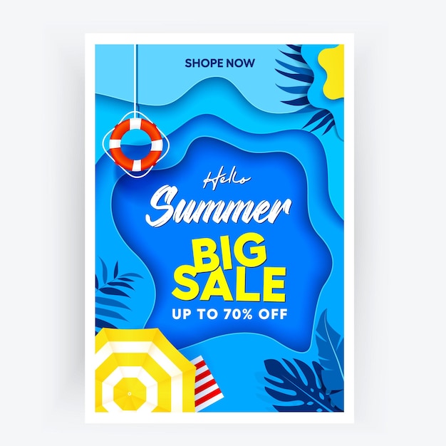 Big summer sale poster with swimming pool, parasol and tropical leaf