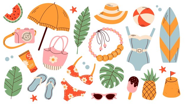 Vector big summer set with watermelon surfboards bikini seashells and palm leaves isolated flat