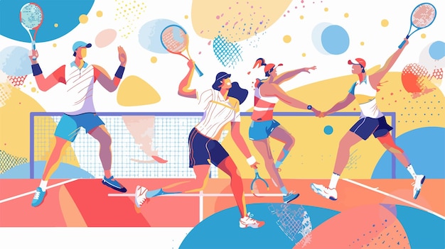 Big Tennis Game Concept Illustration in Mixed Media Flat Vector Isolation