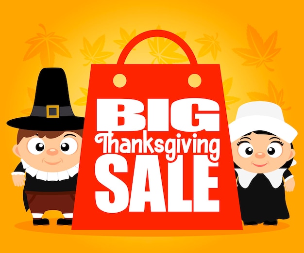 Big Thanksgiving Sale card poster or flyer for holiday Funny Thanksgiving pilgrim boy girl