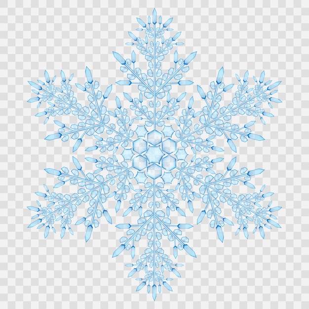 Big translucent crystal snowflake in light blue colors on transparent background