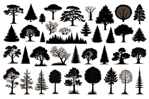 Big tree set vector silhouette isolated