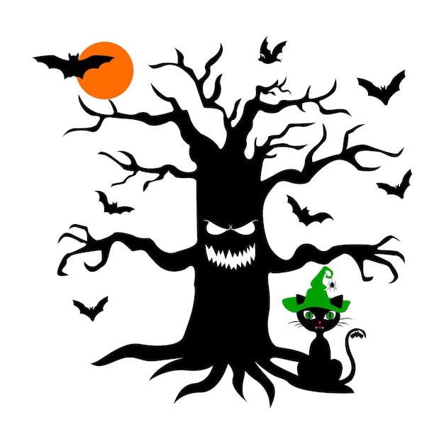 Big tree with eyes mouth Full moon and bats Cat Halloween Black silhouette