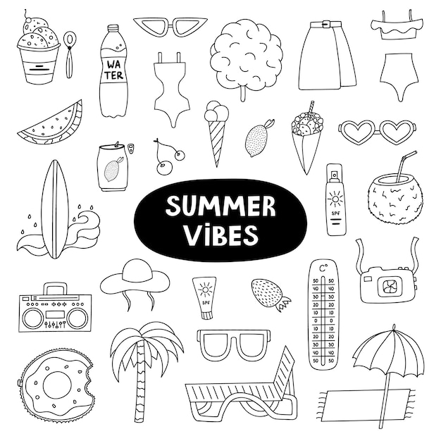 Big trendy set about summer holiday tropical beach hot weather summer rest Hand drawn vector vacation set in flat style Isolated doodle and clipart Seasonal drinks entertainment outfits