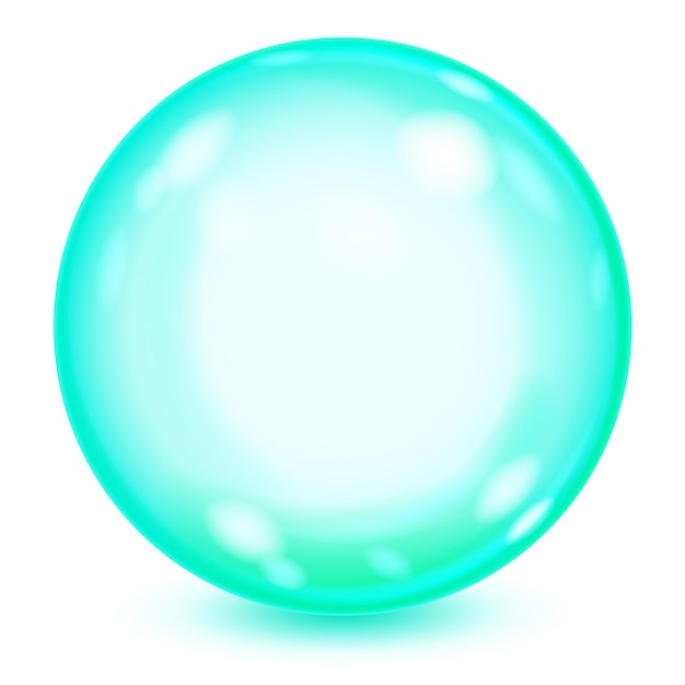 Big turquoise opaque glass sphere with glares and shadow on white background