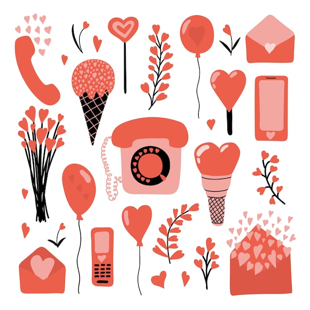 Big Valentine's Day set in red colors Cartoon vector love set Retro telephone waffle ice cream hearts flower bouquet lollypop envelopes mobile phones Wrapping paper wedding decor stickers