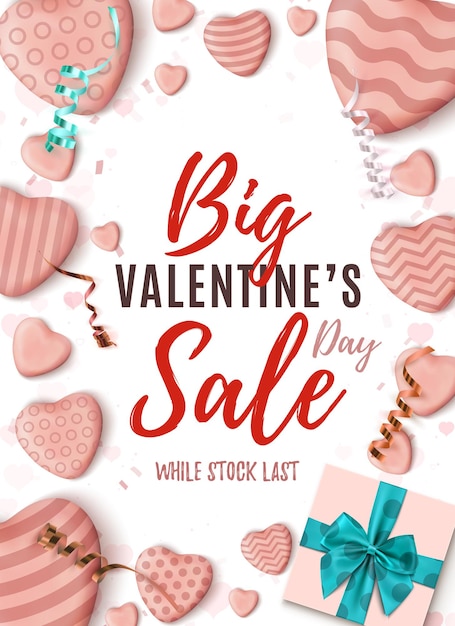 Big Valentines Day sale poster. Abstract design template with realistic candy hearts blue bow, ribbons and a gift box on white. -