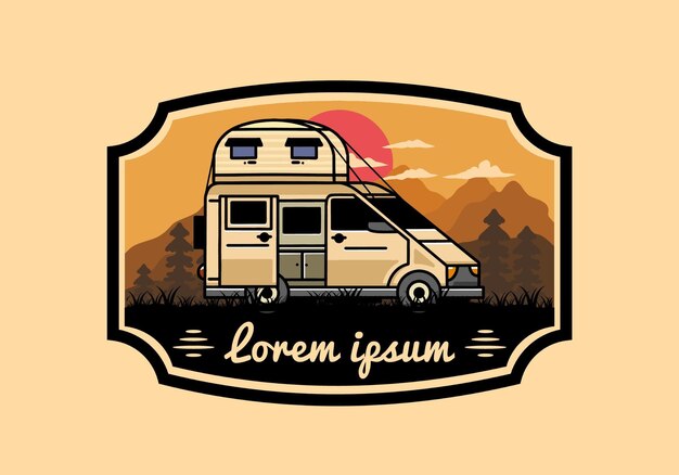 Big van with roof box tent illustration badge