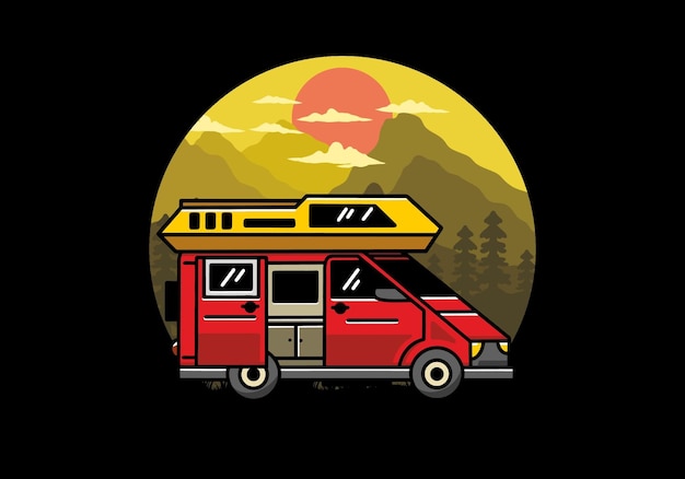 Big van with sliding door for camping illustration badge design