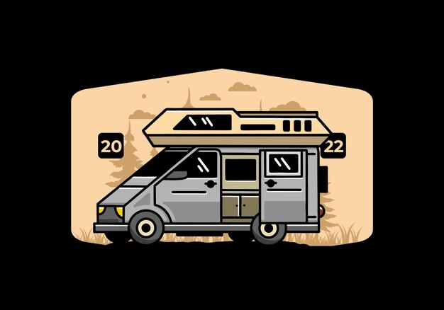 Big van with sliding door for camping illustration badge design