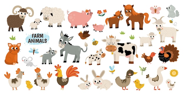 Vector big vector farm animals set big collection with cow horse goat sheep duck hen pig and their babies country birds illustration pack cute mother and baby icons rural themed nature collectionxa