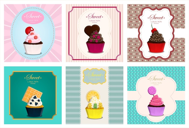 Big vector retro set Cupcakes with a geometric background and retro elements Vector greeting card