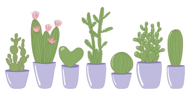 Big vector set different kinds of cactuses in pots Home plants in pots isolated on white background Round cactus heart cactus cactus with pink flowers sharp cactus