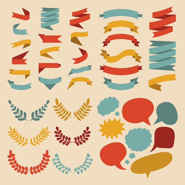 Big vector set of different shapes ribbons laurels labels and speech bubbles in flat style