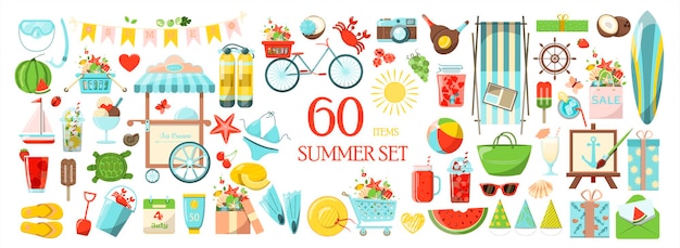 A big vector summer set accessories for beach holidays by the sea flat design set of cartoon icons