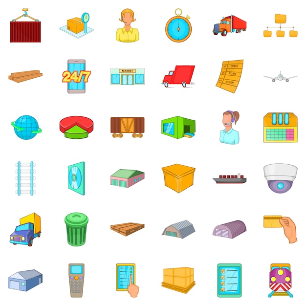 Big warehouse icons set, cartoon style