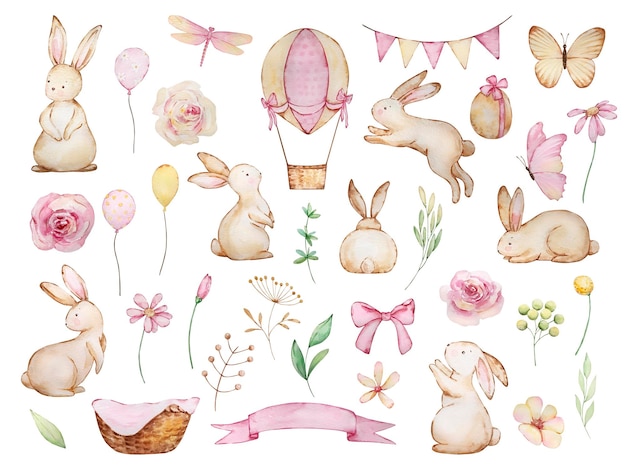 Big watercolor Easter set with cute bunnies