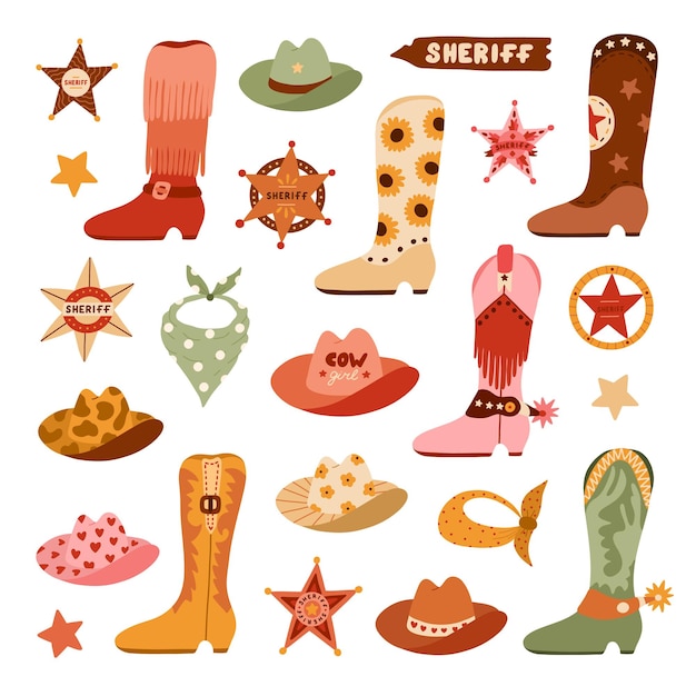 Vector big wild west and cowboy set in trendy flat style hand drawn simple vector illustration with western boots hat snake cactus bull skull sheriff badge star cowboy theme with symbols of texas