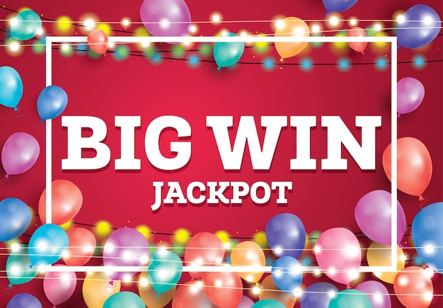 Vector big win jackpot banner with flying balloons and white frame.