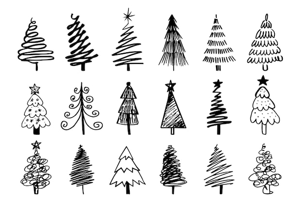 Big winter set of Christmas tree doodle. Vector illustration