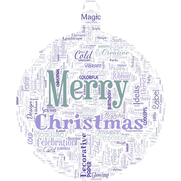 Big word cloud in the shape of ball with words Merry Christmas Annual tradition to celebrate the birth of Jesus Christ