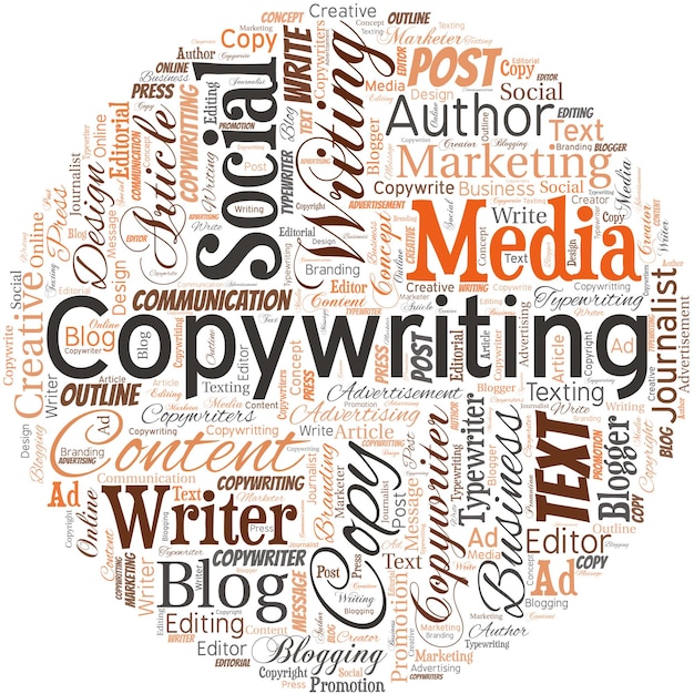 Big word cloud in the shape of circle with word copywriting Writing the text of advertisements or publicity material