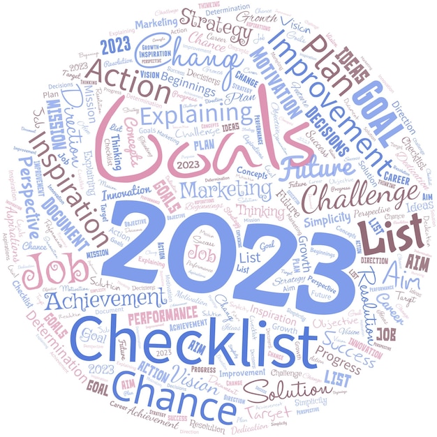 Big word cloud in the shape of circle with words goals 2023 Identifying something you want to accomplish Expectations