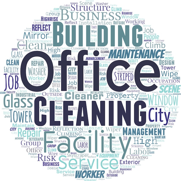 Big word cloud in the shape of circle with words office cleaning Commercial buildings are used for commercial purpose