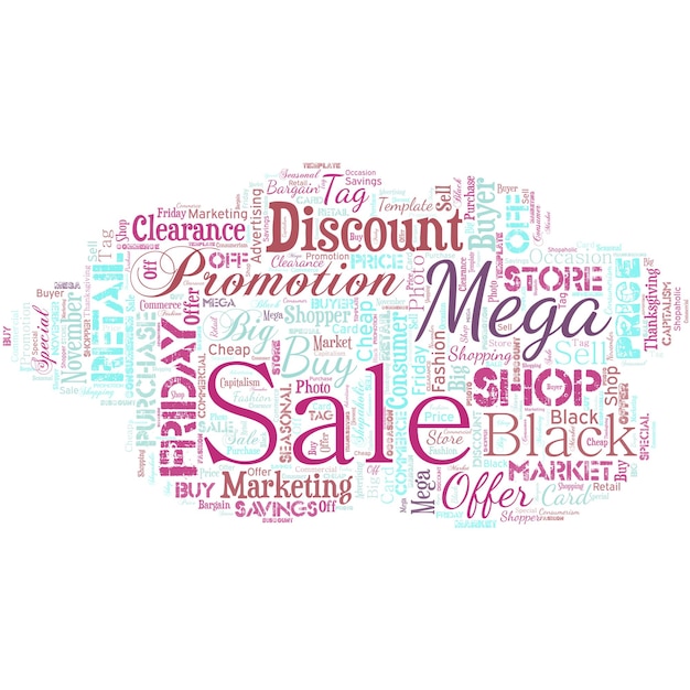 Big word cloud in the shape of UFO with words mega sale The day full of special shopping deals and heavy discounts