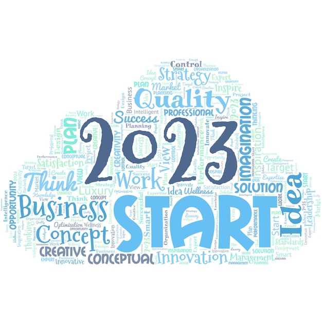 Big word cloud with words 2023 Start Remembering past year events main actions or good shows Setting up your goals and plans for the current year or in 2023