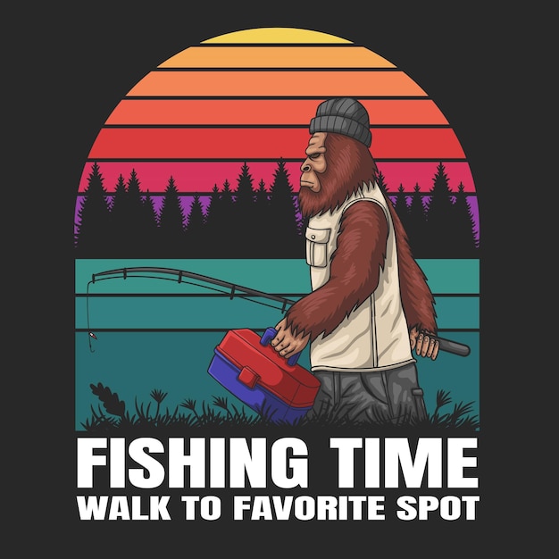 Bigfoot going to go fishing vector illustration