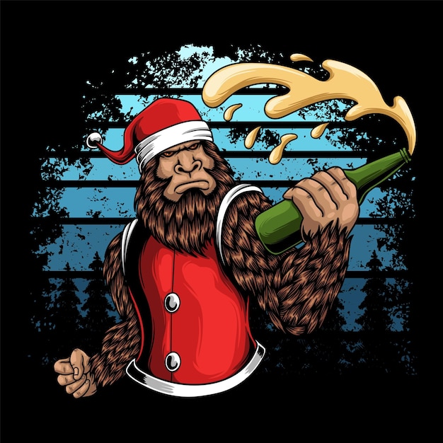 Bigfoot holding a beer bottle season christmas vector illustration