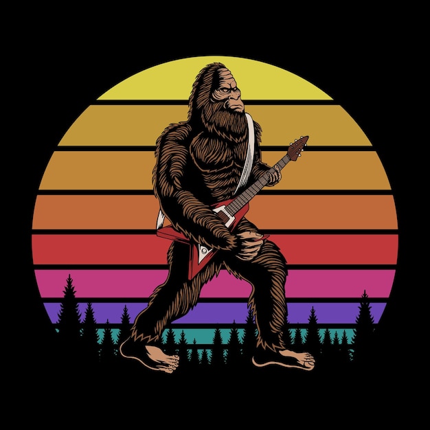 Bigfoot play guitar sunset retro