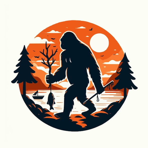 Bigfoot Sasquatch Fishing Sunset Retro Fisherman Angler